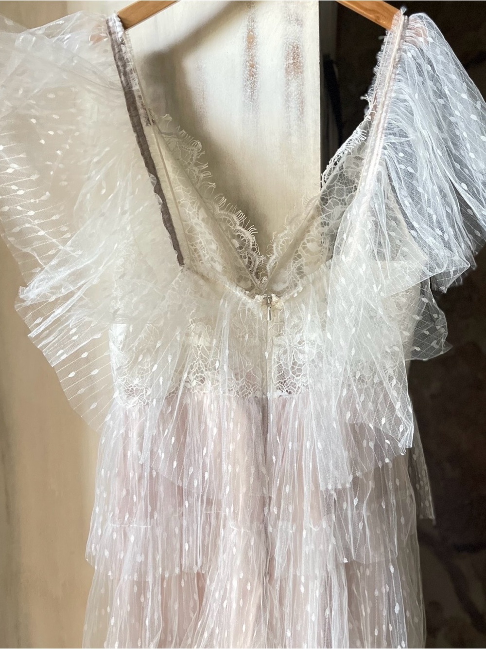 Watters Tiered Lace & Swiss Dot Wedding Dress, Custom Tulle Flutter Sleeves, 8 - Picture 8 of 15